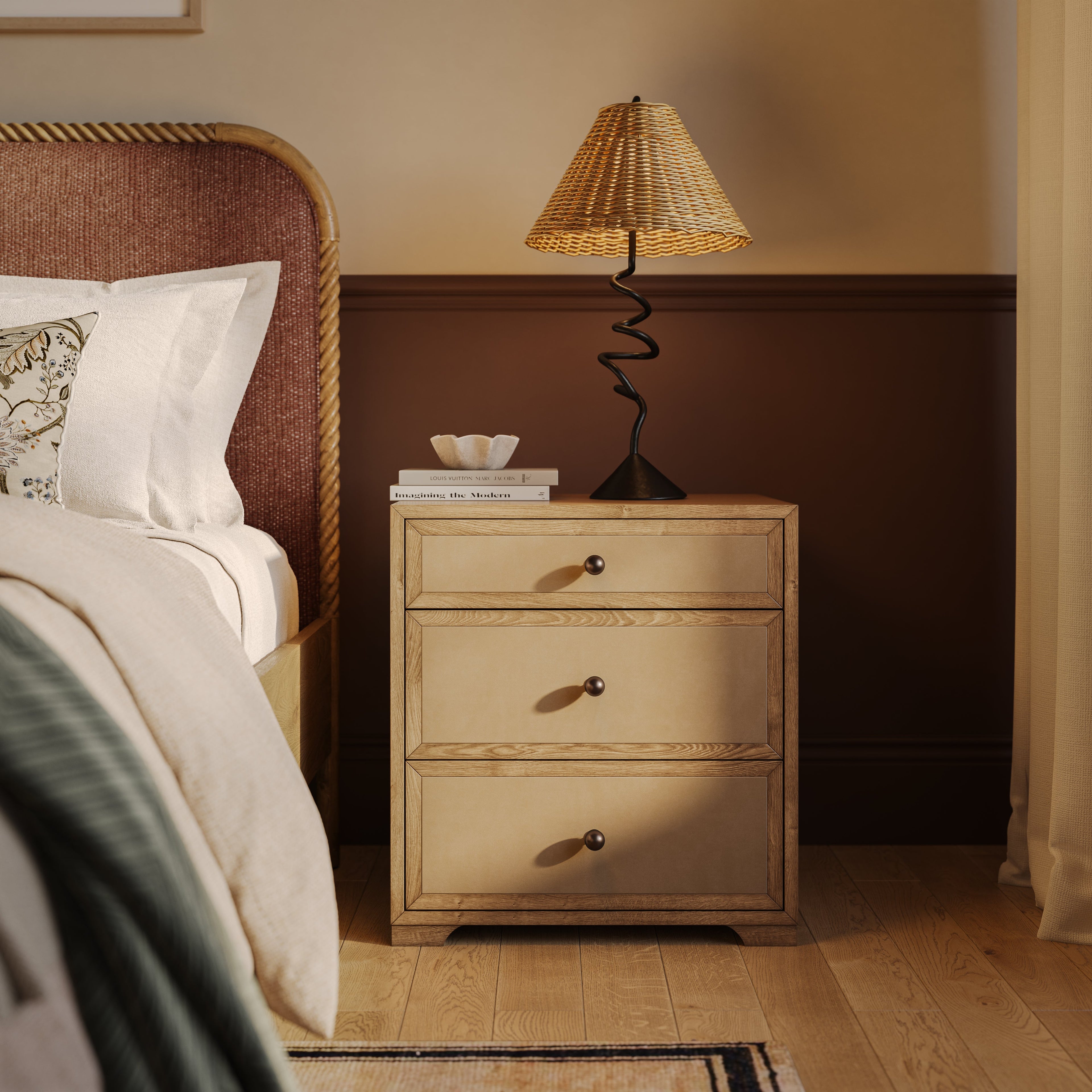 Laurentis 23.5 Light Taupe Suede and Wood 3-Drawer Nightstand