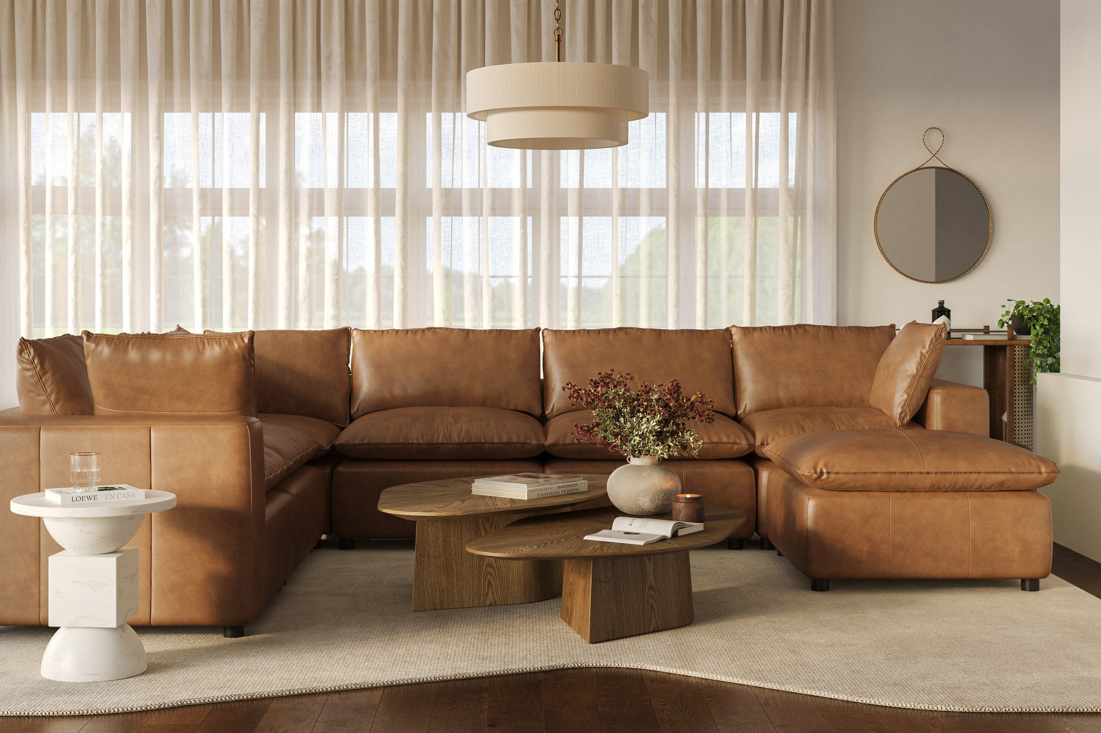 Cali 7-Piece Brown Leather Modular Large Chaise Sectional