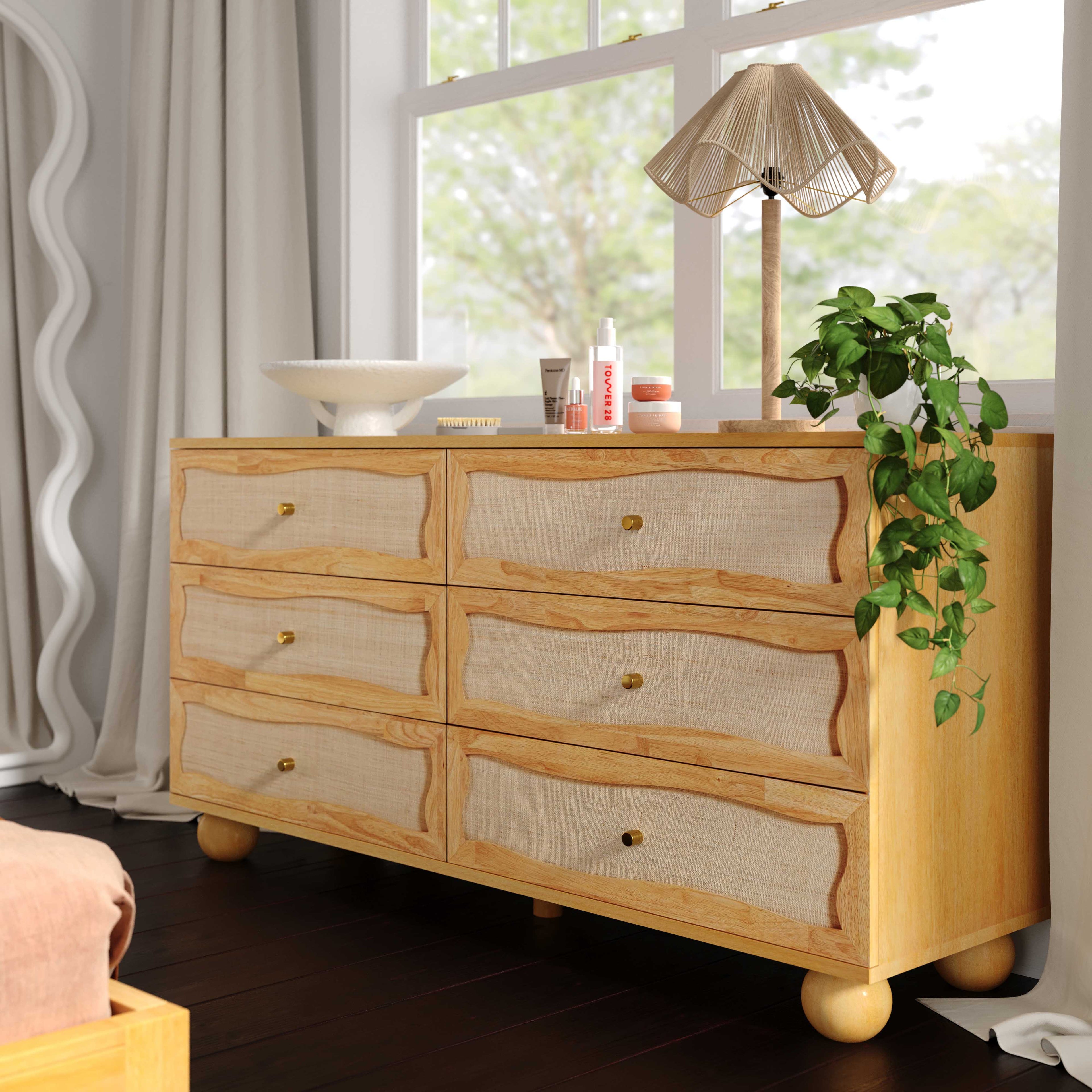 Grappa 62 Natural Wood & Raffia Wavy 6-Drawer Dresser