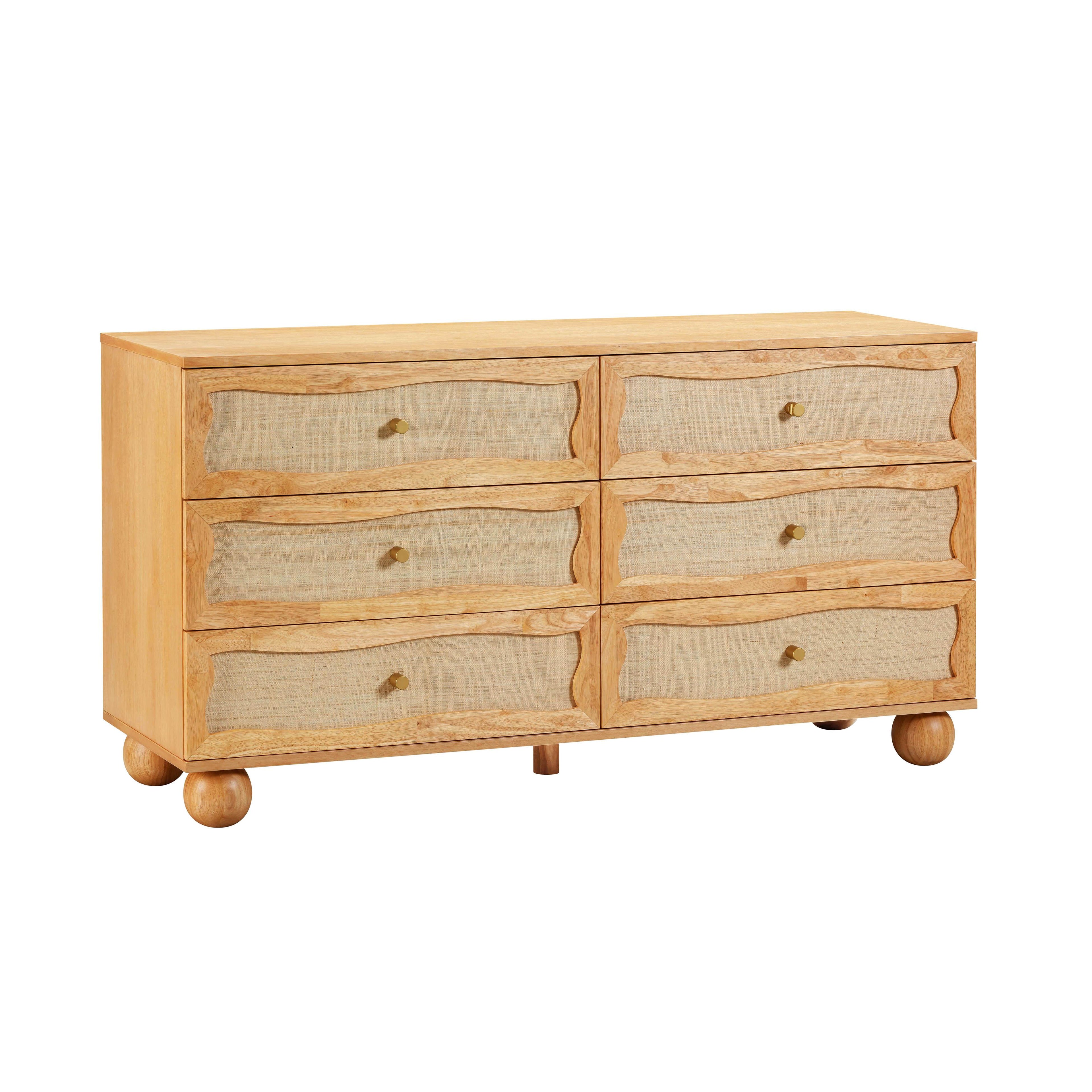 Grappa 62 Natural Wood & Raffia Wavy 6-Drawer Dresser