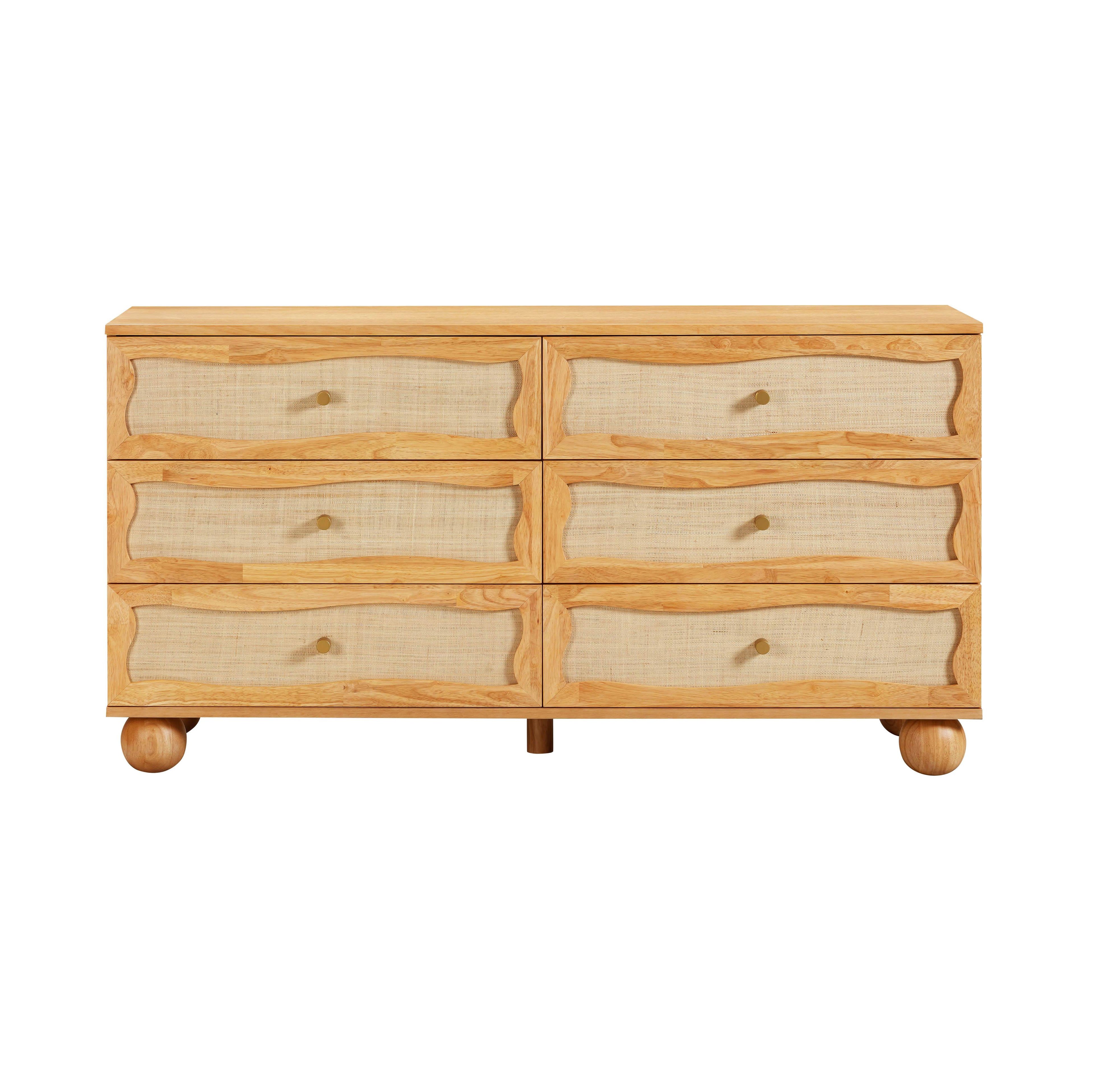 Grappa 62 Natural Wood & Raffia Wavy 6-Drawer Dresser