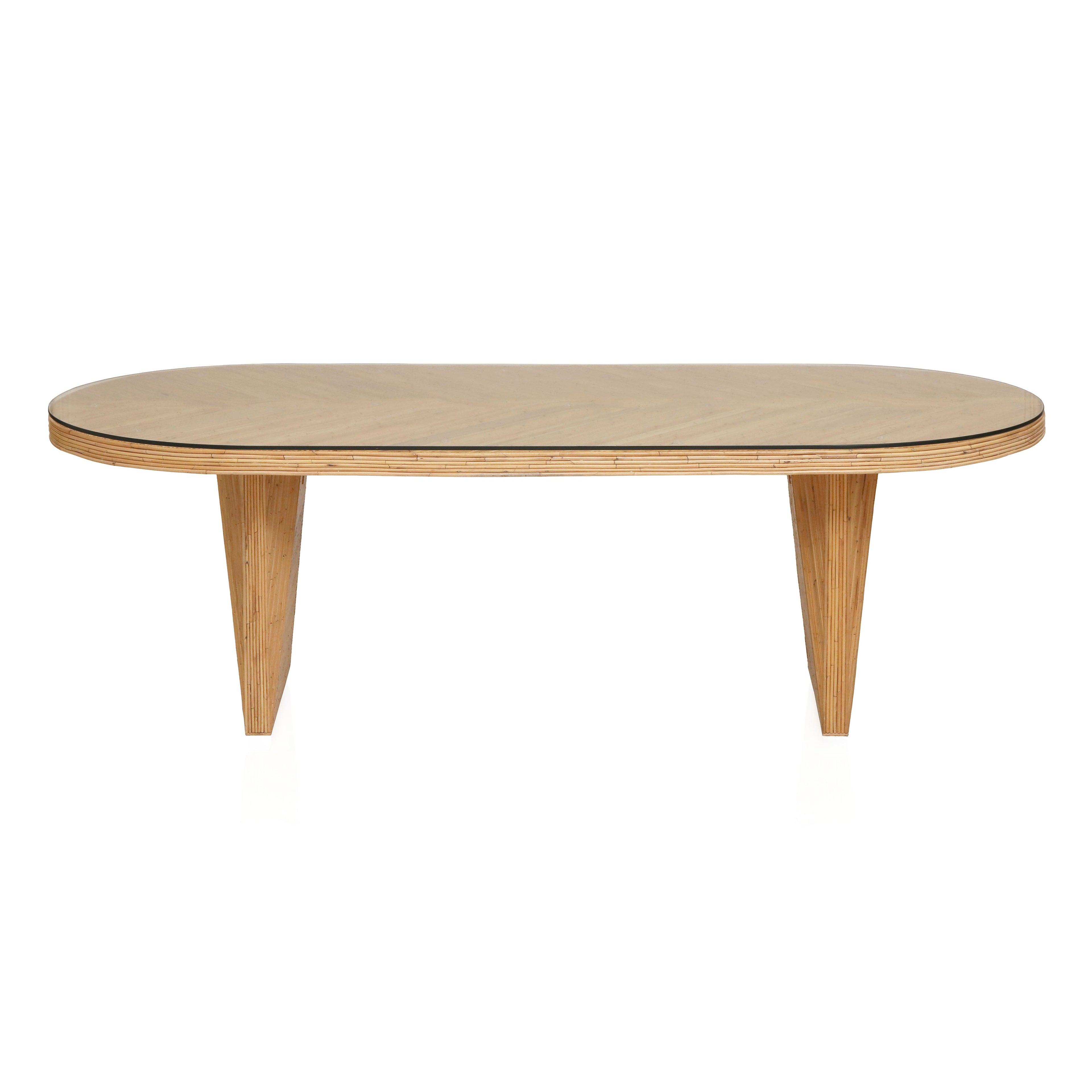 Caren 95 Natural Rattan and Glass Oval Dining Table