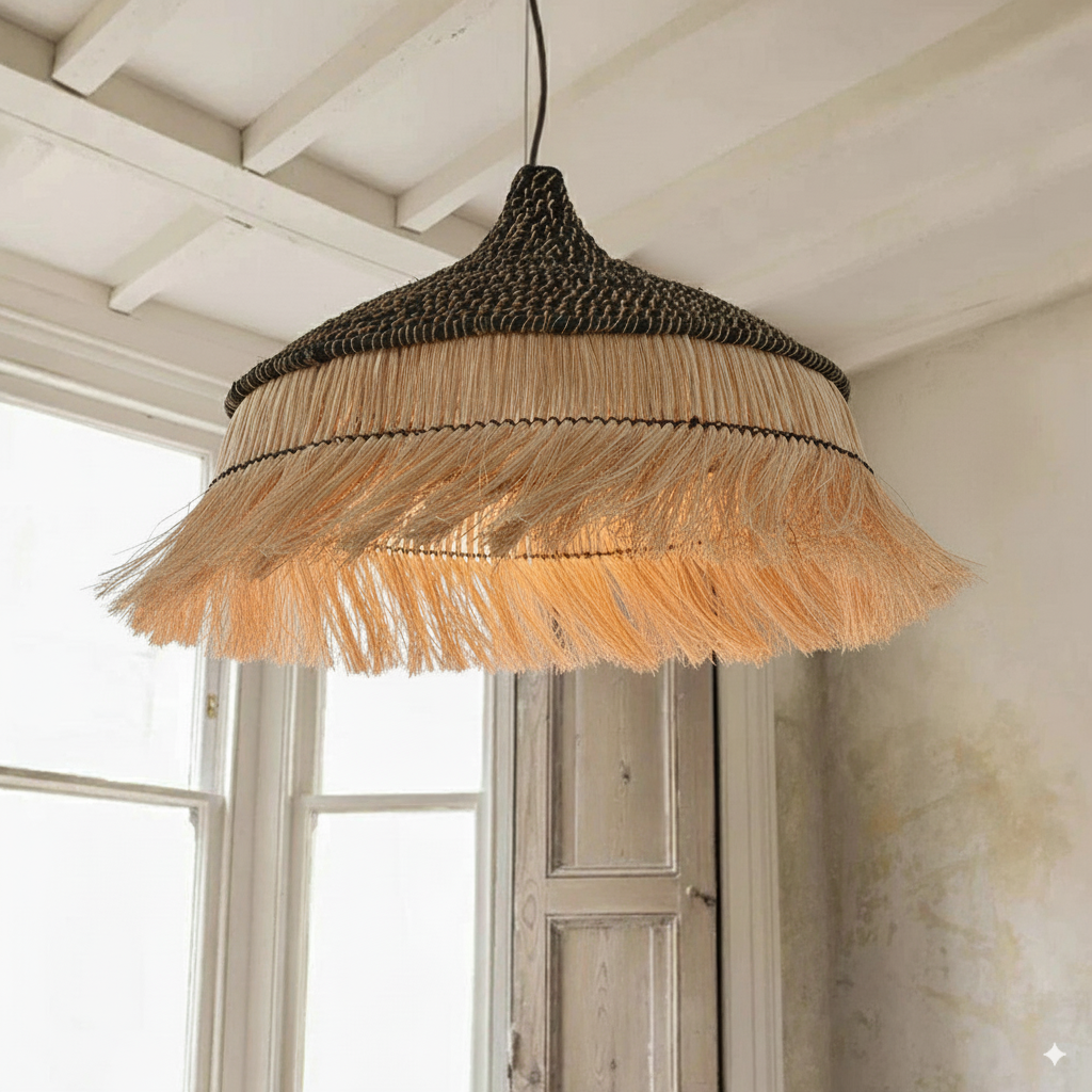 Sula Natural and Black Upcycled Abaca Pendant Lamp