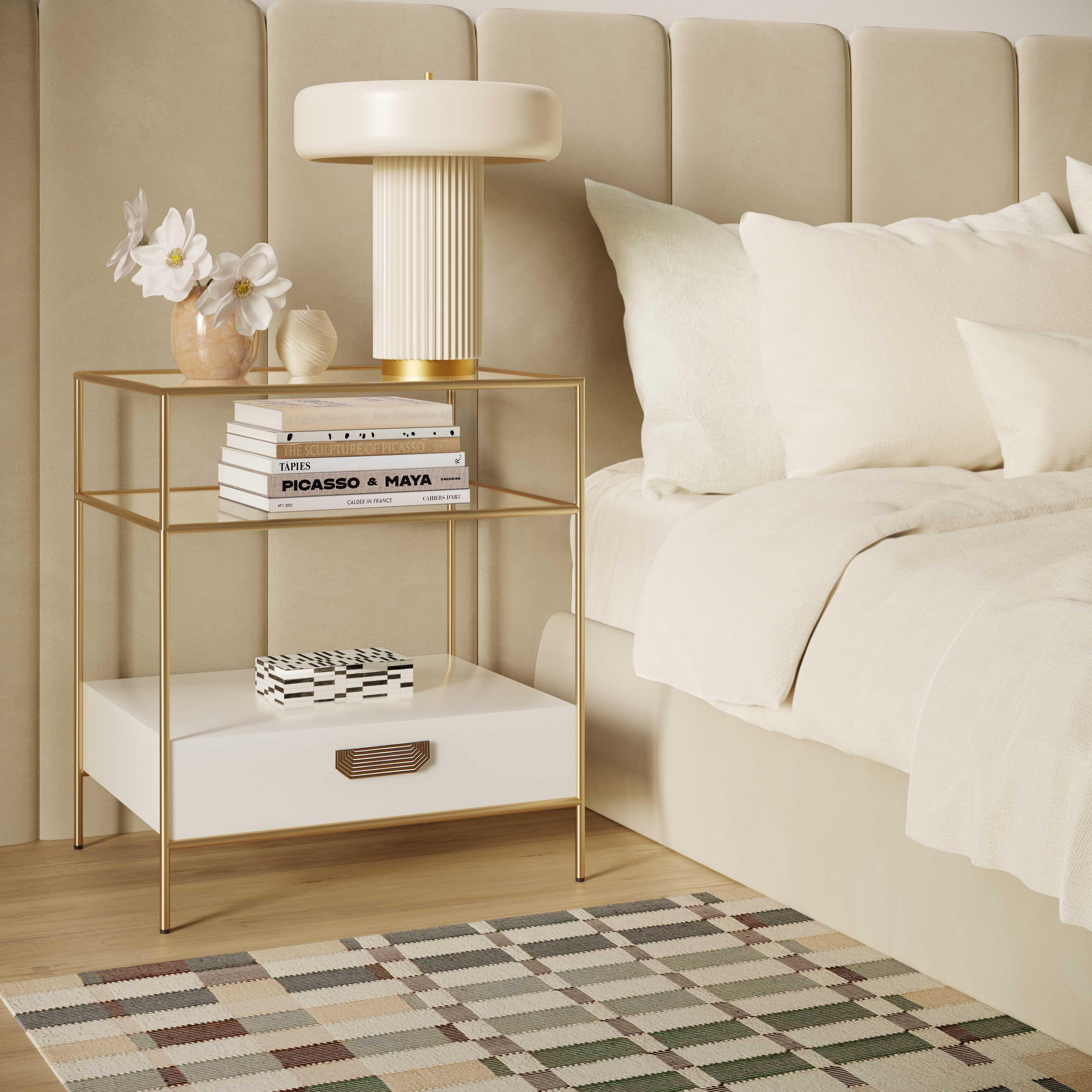 Darla 23 Cream Glass Nightstand With Drawer