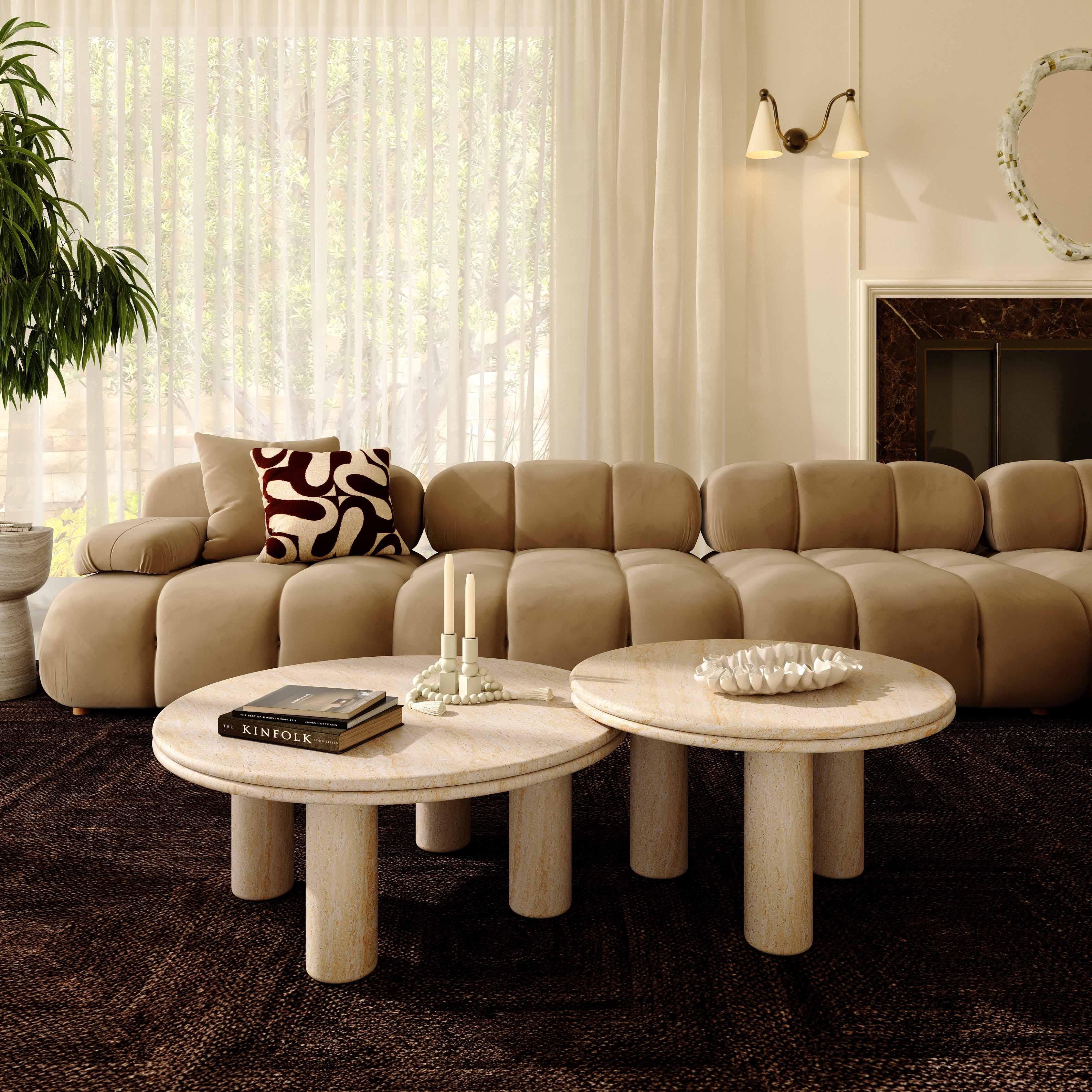 Amora Faux Travertine Indoor/Outdoor Round Accent Table (26-32)