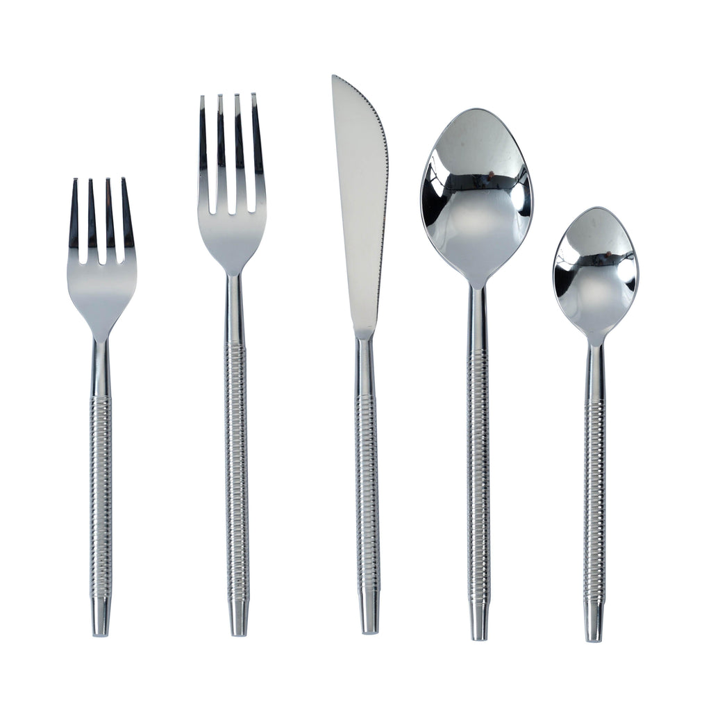 Ribbed Silver Stainless Steel Flatware - Set of 5 Pieces - Service For 1