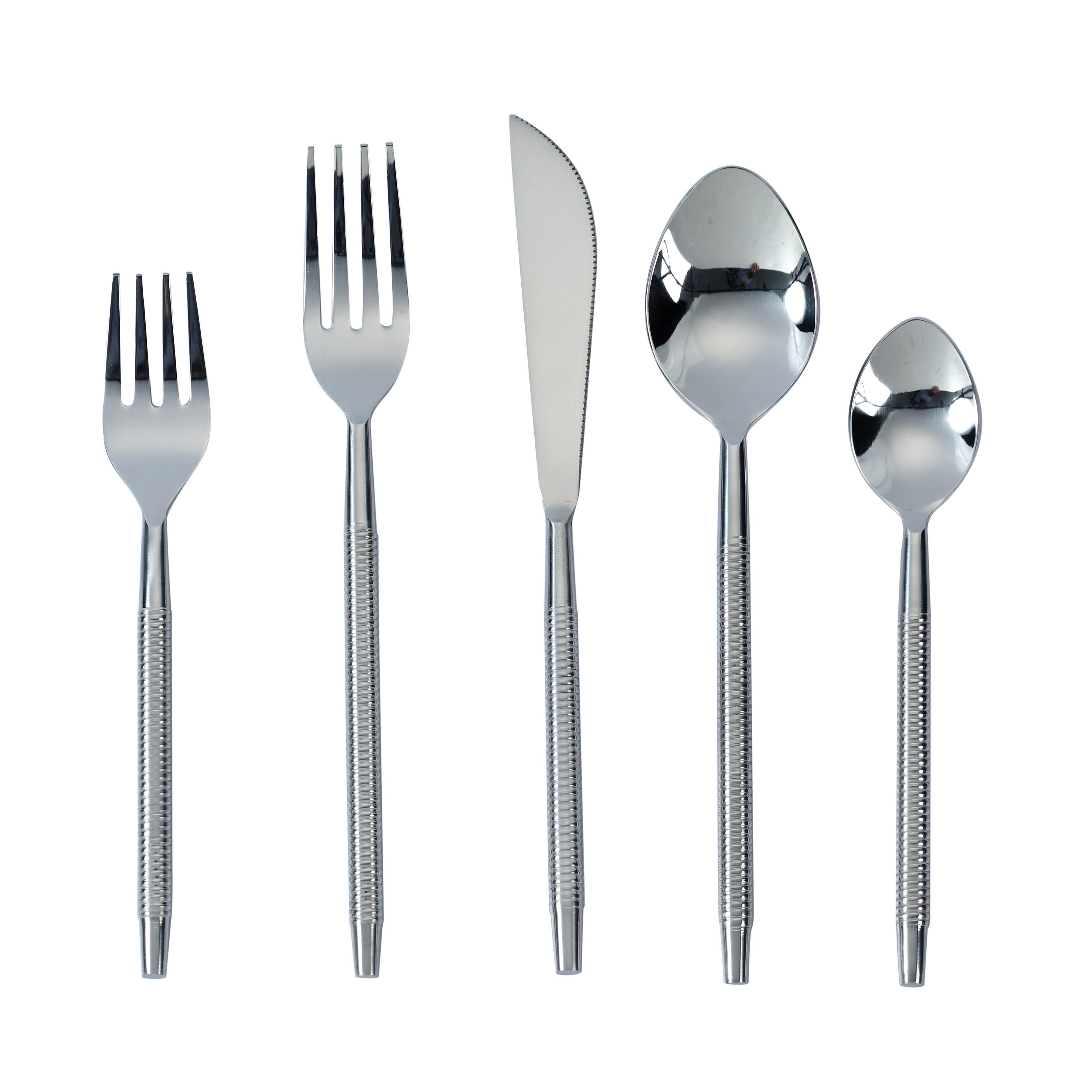 Ribbed Silver Stainless Steel Flatware - Set of 5 Pieces - Service For 1
